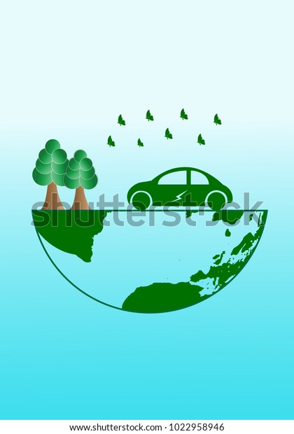 Concept electric car, clean\
energy, environmentally friendly with butterfly and tree.\
illustration vector
