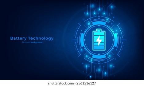 Concept of Electric charging. Battery on frames HUD futuristic style on a dark blue background. The future of electric fast charge technology speed wireless Ev tech. Vector illustration.