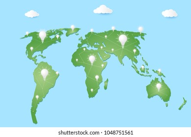 The concept of electrical connection worldwide.Light bulbs are connecting electrical power on the world map.
Energy Business.
Lighting for the World.Paper art style.vector illustration.