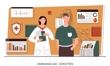 Concept of electroencephalography. Man in helmet with wires conduct examination, nurse with patient. Analysis of brain activity, health care and check up, diagnosis. Cartoon flat vector illustration