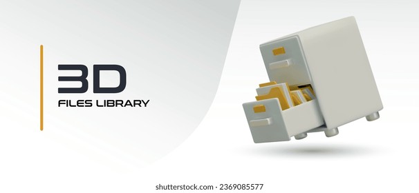 Concept of electronic archive, file library. Reliable storage of information. Vector banner with color realistic illustration. 3D drawer with folders and documents