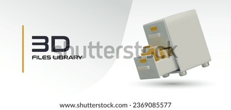 Concept of electronic archive, file library. Reliable storage of information. Vector banner with color realistic illustration. 3D drawer with folders and documents