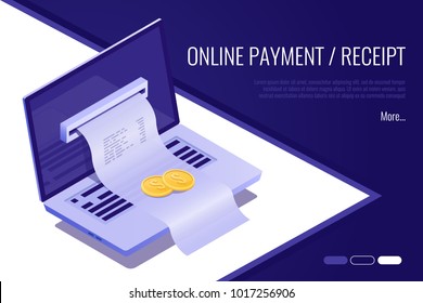 Concept Of Electronic Bill And Online Bank, Laptop With Check Tape. 3d Isometric Vector Illustration