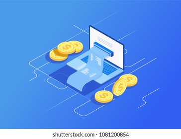 Concept of electronic bill and online bank, laptop with check tape. Payment by means of the payments electronic online, smartphone. 