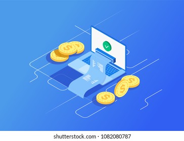 Concept of electronic bill and online bank, laptop with check tape. Payment by means of the payments electronic online, smartphone. 