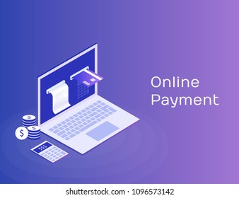 Concept of electronic bill and online bank, laptop with check tape and payment card. Modern 3d isometric vector illustration.