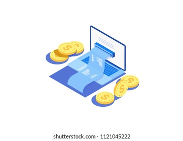 Concept of electronic bill and online bank, laptop with check tape. Payment by means of the payments electronic online, smartphone. 