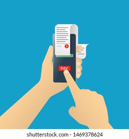 Concept of electronic bill. Smartphone with check tape in hands. Vector illustration