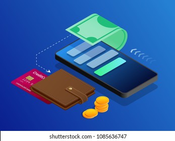 The concept of electronic Bills online payment, mobile payment, shopping, banking. Vector isometric illustration Payment Methods. Concepts web banner