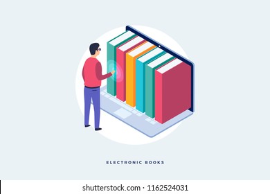 Concept of electronic books. An image of man standing in front of laptop and electronic books. Isometric vector illustration.