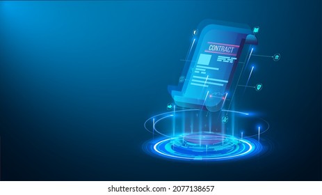 The concept of an electronic contract or digital signature. A hologram of an electric smart certificate, blockchain or contract. Template for the layout of a website or web page. Vector illustration