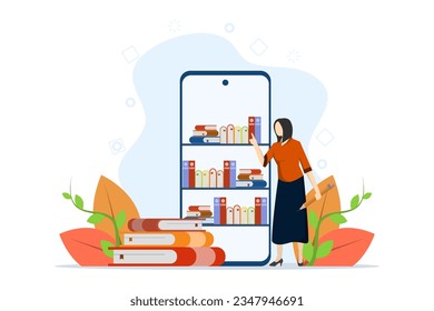 Concepto de Biblioteca Electrónica, Librería Online, Ebook, Biblioteca Online. Personas leyendo libros con servicio de biblioteca digital. Los usuarios aprenden con archivos de libros. Ilustración vectorial para el diseño Web.