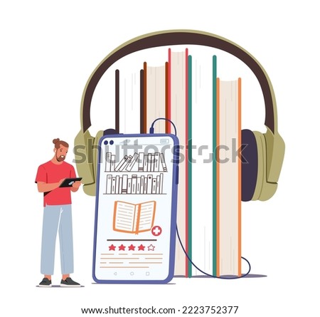 Concept Of Electronic Library, Reading E-book, Education. Young Man Stand at Huge Smartphone and Headphones Listen Book Online. Male Character Self Development, Knowledge. Cartoon Vector Illustration