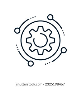 Konzeption elektronischer Mechanismus, automatische Steuerung, digitaler technologischer Prozessor. Lineares Vektorsymbol einzeln auf weißem Hintergrund.