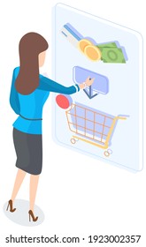 Concept of electronic payment and shopping online application. Payment by means of the payments electronic online. Plastic card, money tiny woman payer buys goods online, modern financial technologies