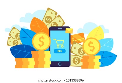 Concept of electronic payments. Payment making by using mobile applications on the background of bank card, dollars and coins. Vector flat illustration in a cartoon style