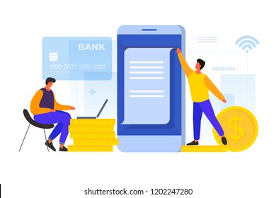 Concept of electronic payments. Young cartoon men make payment using mobile applications on the background of bank card and coins. Vector flat illustration.