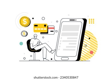 Concept electronic receipt with people scene in the flat line cartoon design. A man pays all electronic checks using his smartphone while sitting at home. Vector illustration.