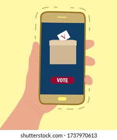 Concepto de voto electrónico, voto por internet, democracia. ... Mano sostiene el teléfono. En la pantalla hay una caja de elecciones y un botón de voto. Elección, elección presidencial, cuestionarios, votación en línea. 