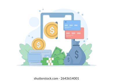 Das Konzept einer elektronischen Geldbörse oder E-Wallet. Sichere Aufbewahrung von Geld. Virtuelle Bank elektronische Geldbörse. Geld in digitaler Form speichern. Finanztransaktionen mit einem Smartphone.