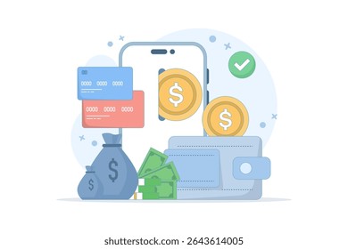 The concept of an electronic wallet or e-wallet. Safe storage of money. Virtual bank electronic wallet. Storing money in digital form. Financial transactions using a smartphone.