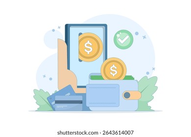The concept of an electronic wallet or e-wallet. Safe storage of money. Virtual bank electronic wallet. Storing money in digital form. Financial transactions using a smartphone.