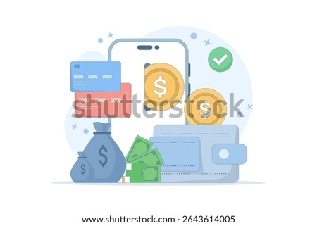 The concept of an electronic wallet or e-wallet. Safe storage of money. Virtual bank electronic wallet. Storing money in digital form. Financial transactions using a smartphone.