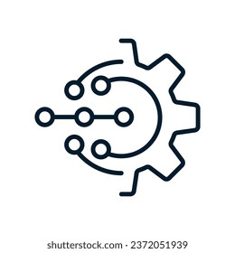 Concepto de mecanismo controlado electrónicamente, integración. Icono lineal vectorial aislado en fondo blanco.