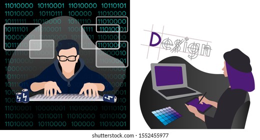 concept elements  programmer and design illustration for creative process. Flat vector illustration for banner, presentation template, online advertising and so on