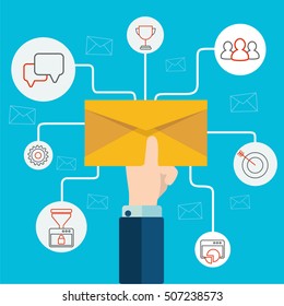 Concept of email advertising, direct digital marketing Human hand holding an envelope spreading information thought email distributing channel to customers.