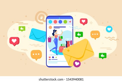 Concept email after registration. Instagram. Influencer, followers. Vector illustration pillow, cursor, sleep, login, social media, , mail, email, calendar, cards, net, spider, posters. - Vector