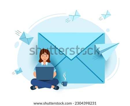 concept An email. the letter is in an envelope. Girl writes an email. paper airplane  and latter. Vector illustration for online marketing and business on white background.