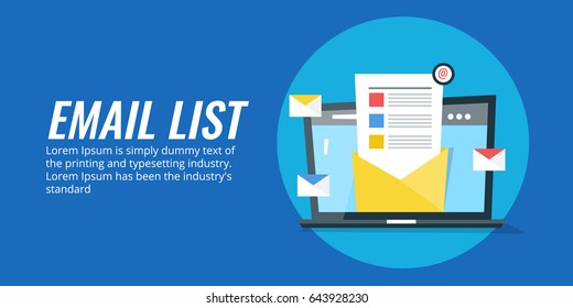 Concept For Email List, Mailing List, Contact List Flat Vector Banner With Icons Isolated On Blue Background