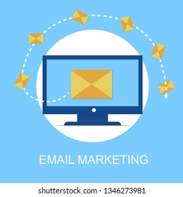 The concept of email marketing and communication with digital advertising "email marketing" and media sign. Vector illustration for advertising and website.