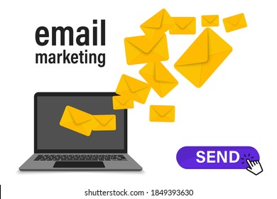 Concept of E-mail Marketing design campaign. Sending emails from your computer. Email marketing campaign. Banner newsletter marketing. Email envelope on laptop screen. Sending emails to subscribers