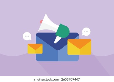 Concept of email marketing and message ads generating chat responses, with a megaphone and email envelope.