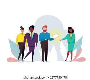 Concept of an e-mail message with characters. New incoming sms, mail notification sending. Business and achievement concept. Vector illustration. Concept banner.