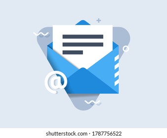 Concept of email notification icon. Envelope with document and symbol email. Successful e-mail delivery, email delivery confirmation. Modern flat design vector icon.