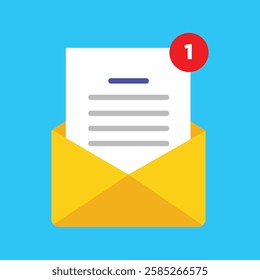 Concept of email notification icon. Letter in yellow cover. Flat design, vector illustration.