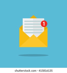 Concept of email notification icon. Letter in yellow cover. Flat design, vector illustration.