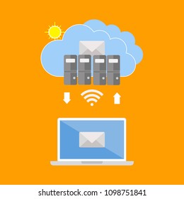 Concept of email sending and retrieving from Cloud computing service providers via wifi connection to a laptop computer. Flat design.