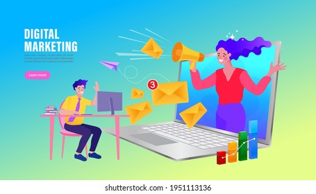 Concept of e-marketing, internet promo, digital promotion, online. Woman with megaphone or bullhorn on screen of laptop computer. flat cartoon vector illustration.