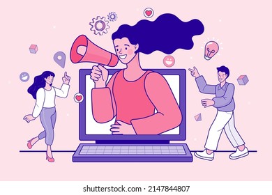 Concepto de e-marketing, promoción de internet, promoción digital, online. Mujer con megáfono o bullhorn en la pantalla del ordenador portátil. ilustración vectorial de contorno de dibujos animados planos.