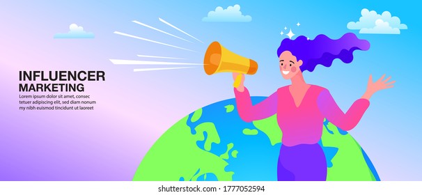 The concept of e-marketing, internet promotion, digital online promotion. Woman with a megaphone on the globe
