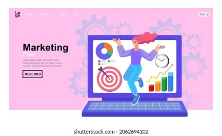 Concept of e-marketing. woman in video conference in laptop. Remote work. stay at home, female sitting and working on laptop. people with computer. Flat design vector illustration. EPS10