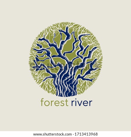 Concept emblem with tropical rivers and trees. Design element for web banners, posters, cards, logo, icons.
