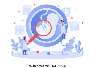 concept of embryo, baby in the womb with tiny doctor holding magnifying glass to detect child, vector flat illustration for web, landing page, ui, banner, editorial, mobile app and flyer