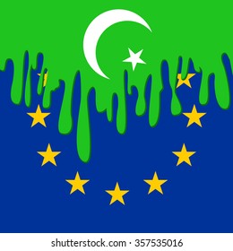 concept of emigration Islamics to Europe with symbols of Islam and European Union