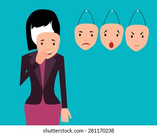 Concept emotion. Woman wears a mask of joy. Vector illustration