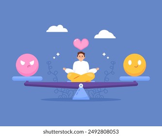 the concept of emotional balance and stress control. emotional stability. managing thoughts and controlling emotions. illustration of a man meditating on a seesaw. flat style design. graphic elements